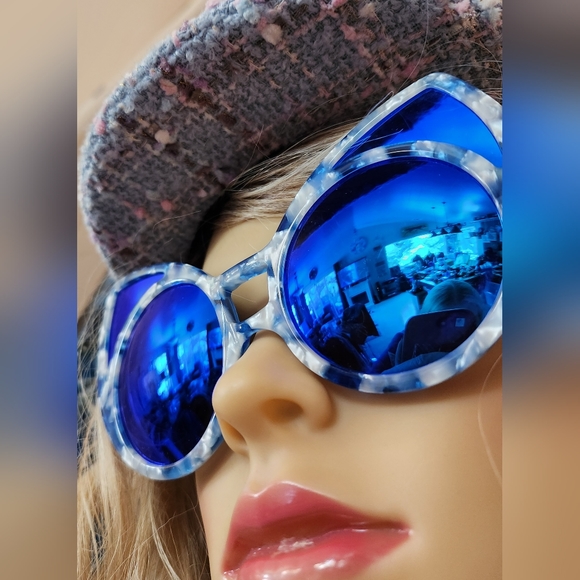 LINDA FARROW GALLERY KHALEDA RAJAB+FAHAD Cat Eye Blue Marble SUNGLASSES RARE NEW - Picture 12 of 16